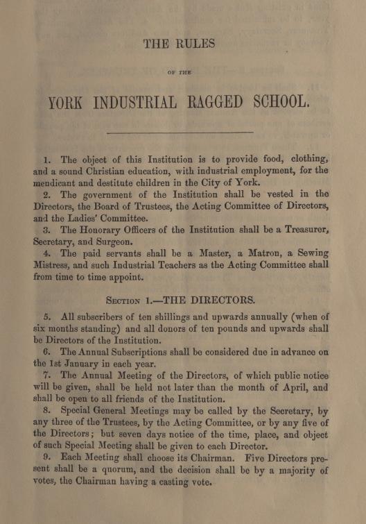 Rules of York Industrial Ragged School, 1852, from the Records of Munby and Scott, solicitors